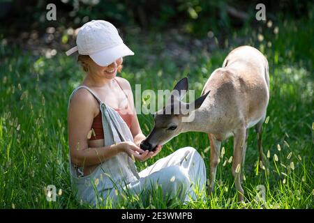 Unità con la natura. Ragazza nutrire capriolo bambi. Concetto di animali selvatici. Donna che alimenta pegno. Animale al parco Foto Stock