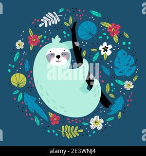 Sloth in varie foglie tropicali e fiori. Illustrazione Vettoriale