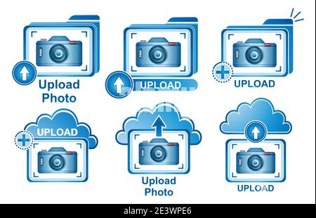 Carica insieme di icone vettoriali per foto. Segno della fotocamera. Caricamento di immagini sul server cloud. Aggiungere l'immagine alla galleria del sito Web. Invia foto alla cartella. Trasferimento dei file Illustrazione Vettoriale
