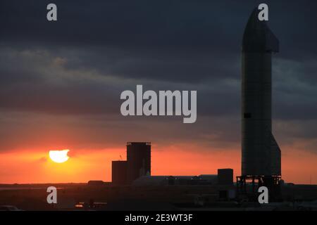 Starship su launchpad Foto Stock