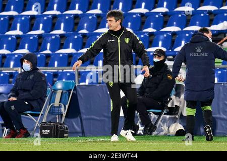 Getafe, Madrid, Spagna. 20 gennaio 2021. Pacheta allenatore di SD Huesca durante la Liga match tra Getafe CF e SD Huesca al Colosseo Alfonso Perez a Getafe, Spagna. 20 gennaio 2021. Credit: Angel Perez/ZUMA Wire/Alamy Live News Foto Stock