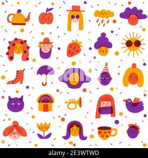 Sfondo senza cuciture con graziosi ritratti, avatar e simboli per il tessuto in un simpatico stile doodle art Illustrazione Vettoriale