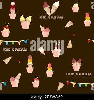 Gelato, colorato, dessert diversi, varietà. Design piatto. Illustrazione del modello vettoriale senza giunture Illustrazione Vettoriale