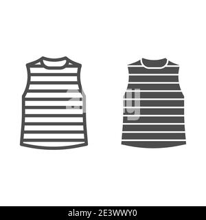 Smanicato linea gilet e icona a tinta unita, concetto di abbigliamento estivo, segno di t-shirt a righe su sfondo bianco, icona gilet marinaio in stile outline per dispositivi mobili Illustrazione Vettoriale