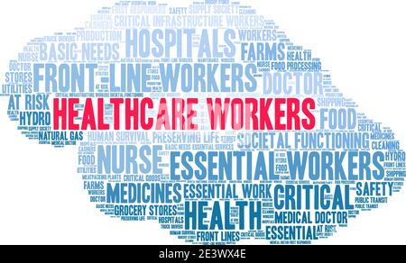 Gli operatori sanitari hanno una parola nuvola su sfondo bianco. Illustrazione Vettoriale