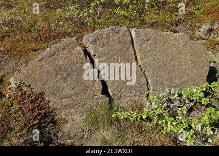 Una struttura rocciosa incrinata alle formazioni rocciose di Dimmuborgir Lava vicino al Lago Myvatn, Islanda in estate Foto Stock