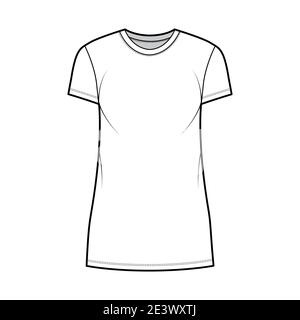 T-shirt abito illustrazione tecnica moda con collo a equipaggio, maniche corte, mini lunghezza, oversize, matita pienezza. Mascherina di abbigliamento piatta anteriore, colore bianco. Donne, uomini, unisex CAD mockup Illustrazione Vettoriale