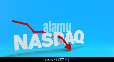 Istanbul-Turchia - 01.15.2020: Su sfondo blu 3D di degradazione la parola NASDAQ è scritta in grassetto bianco. Una freccia rossa di discesa si sta falciando verso il basso Foto Stock