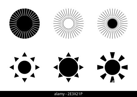 Set di simboli vettoriali per icone Sun. Nero isolato su sfondo bianco. Illustrazione vettoriale Illustrazione Vettoriale