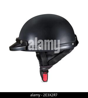 Vista laterale del casco nero vintage per moto isolato su bianco Foto Stock