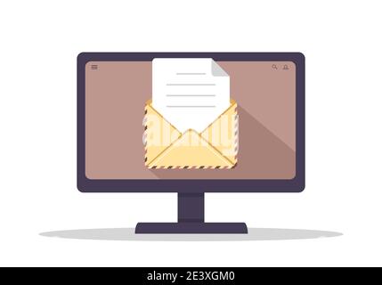 Busta sullo schermo del computer. Concetto di invio o ricezione di e-mail. Cartolina retrò e carta kraft. Lettere o corrispondenza. Illustrazione vettoriale in Illustrazione Vettoriale