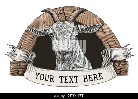 Logo fattoria di capra mano disegnare vintage incisione stile clip art isolato su sfondo bianco Illustrazione Vettoriale