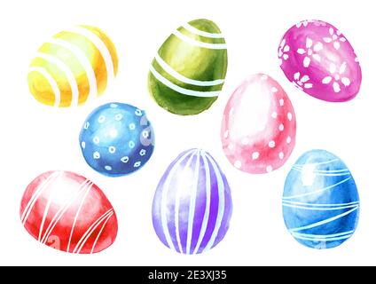 Set di uova colorate di Pasqua. Illustrazione di acquerello disegnata a mano, isolata su sfondo bianco Foto Stock