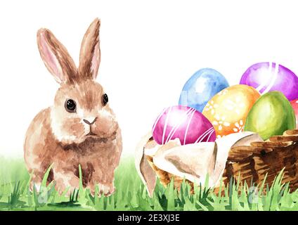 Illustrazione acquerello di un coniglietto pasquale carino che tiene un  cestino di uova nelle sue zampe. Divertente coniglio cartoon in blu e con  un naso grande. Pasqua, tradizionali Foto stock - Alamy