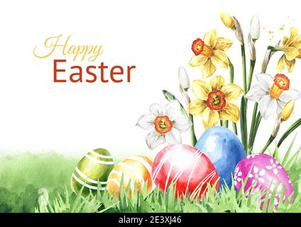 Uova di Pasqua colorate nell'erba verde e fiori di primavera. Illustrazione di acquerello disegnata a mano, isolata su sfondo bianco Foto Stock