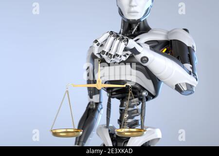 robot android con una scala di giustizia. Illustrazione 3D Foto Stock