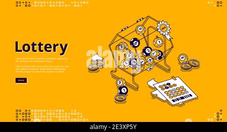 Banner lotteria. Gioco d'azzardo, vincere nel concetto di giochi di bingo. Vettore landing page di giochi di fortuna con illustrazione isometrica della macchina del lotto, palline con numeri, biglietti e denaro Illustrazione Vettoriale