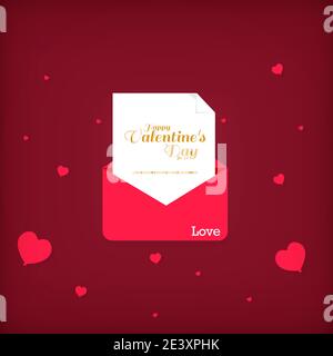Busta di carta rossa con messaggio Happy San Valentino con cuori su sfondo rosso. Illustrazione Vettoriale
