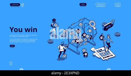 La lotteria vince la pagina di atterraggio isometrica con la gente piccola intorno di tamburo enorme con le sfere rotolanti all'interno. Concetto di fortuna e fortuna con biglietto di riempimento dei personaggi e lotteria. banner web vettoriale 3d line art Illustrazione Vettoriale