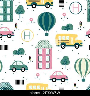 Scena della città senza cuciture con mongolfiera, scuolabus, piazzola per elicotteri, auto, semafori, passerella, casa, alberi ed elementi astratti. Mano Illustrazione Vettoriale
