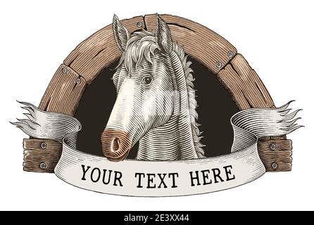 Horse Farm logo Hand Draw vintage incisione stile clip art isolato su sfondo bianco Illustrazione Vettoriale