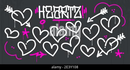 Set di illustrazioni vettoriali stile Graffiti astratto Line Art Hearts per Buon giorno di San Valentino o matrimonio Illustrazione Vettoriale