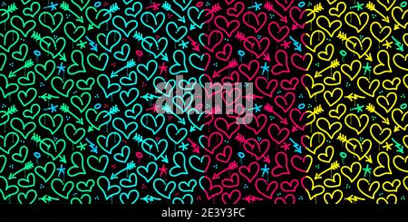 Set di motivi senza cuciture Neon colorati stile Graffiti. Illustrazione vettoriale Arte di base per buon giorno di San Valentino o matrimonio Illustrazione Vettoriale