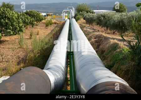 Linea di tubi della centrale geotermica di Buhearkent, Turchia, per l'energia rinnovabile nel mondo. Foto Stock