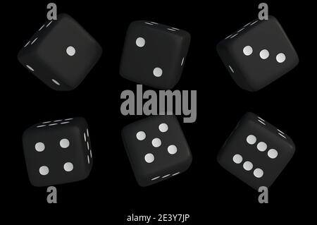 Set di dadi neri con punti bianchi isolati su sfondo nero. Illustrazione con rendering 3D. Foto Stock