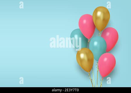 Illustrazione realistica dei palloncini rosa, blu e oro. Illustrazione Vettoriale