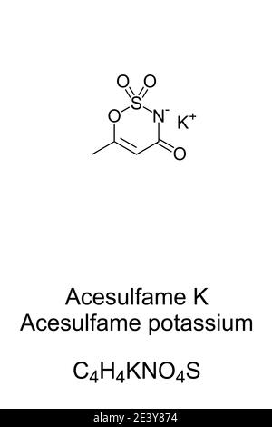 Acesulfame formula chimica del potassio e struttura scheletrica. Anche l'acesulfame K o l'asso K. dolcificante non calorico e sostituto artificiale dello zucchero. Foto Stock