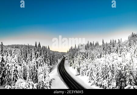 Autostrada con auto che attraversa un passo di montagna con alberi innevati. Foto Stock