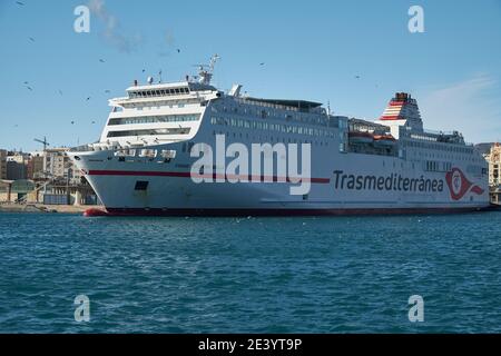 Transmediterranea. Traghetto tra Malaga e Melilla. Porto di Malaga, Spagna. Foto Stock