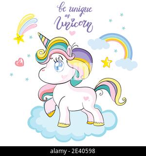 Carino personaggio unicorno bambino in piedi su nuvola. Illustrazione vettoriale isolata su sfondo bianco. Compleanno, concetto di festa. Per adesivi, ricami, des Illustrazione Vettoriale