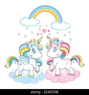 Illustrazione vettoriale kawai simpatico cartone animato unicorni in piedi su nuvole con arcobaleno isolato su uno sfondo bianco. Per feste, adesivi, ricami, design Illustrazione Vettoriale