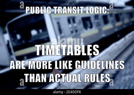 Memoria divertente logica di trasporto pubblico per la condivisione dei social media. I problemi di ritardo della ferrovia scherzano. Foto Stock