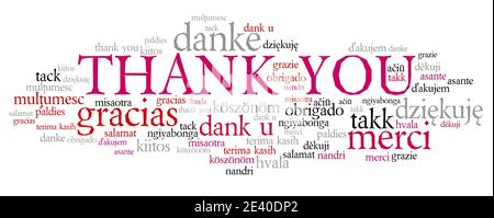 Ringrazio parole grafica. International grazie sign in diverse lingue tra cui inglese, francese, tedesco, olandese e polacco. Foto Stock