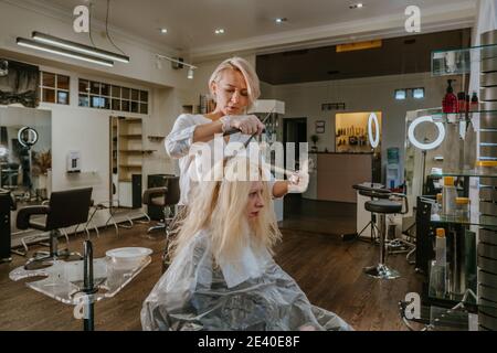 Professionale parrucchiere tintura capelli di cliente femminile Foto Stock