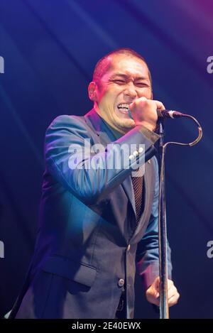 Band di funk giapponese, Ryo Nakata di Osaka Monaurail che si esibisce a Womad, Charlton Park, UK. 26 luglio 2015 Foto Stock