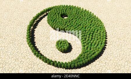 Concetto o gruppo concettuale di albero di foresta verde su fondo asciutto come segno del simbolo cinese di Yin-Yang, opposto e complementare. Foto Stock