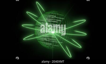 Terra digitale astratta con codice binario in design verde su Sfondo nero - concetto di rete di comunicazione globale - Illustrazione 3D Foto Stock