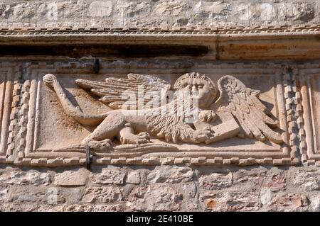 Pietra rilievo ornamento, porta di terra, Korcula, Costa dalmata, Croazia Foto Stock