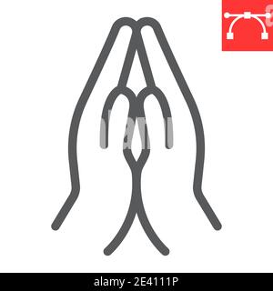 Icona della linea delle mani in preghiera, religione e namaste, mani piegate nell'icona del vettore di preghiera, grafica vettoriale, segno del contorno del tratto modificabile, eps 10. Illustrazione Vettoriale
