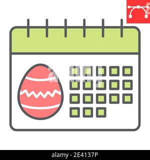 Icona della linea di colore del calendario pasquale, Pasqua felice e festività, icona vettore del calendario, grafica vettoriale, segno di contorno riempito con tratto modificabile, eps 10. Illustrazione Vettoriale