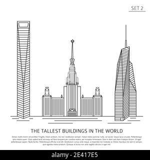 Gli edifici più alti del mondo. Grattacieli semplice linea icona insieme isolato su bianco. Illustrazione vettoriale Illustrazione Vettoriale