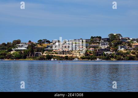 Perth, WA, Australia - 27 novembre 2017: Persone non identificate e uccelli acquatici su Point Walter Sandbar in mezzo al fiume Swan, accessibile solo con la bassa marea i. Foto Stock