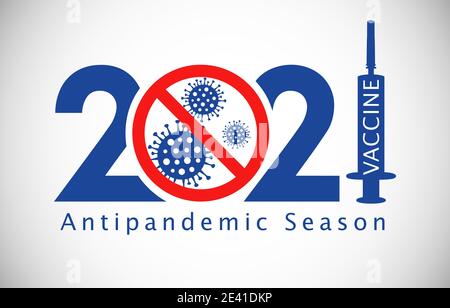2021 concetto di anticoronavirus di Capodanno. Fermare il virus corona in 2021 logotipo rosso. Modello grafico isolato astratto. Segno di stile bianco e nero Illustrazione Vettoriale