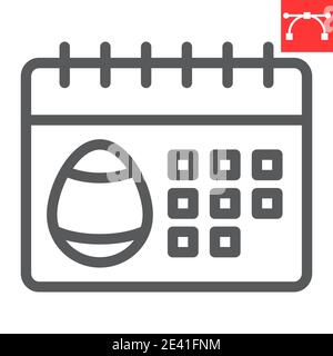 Icona della linea del calendario di Pasqua, Pasqua felice e festività, icona vettore del calendario, grafica vettoriale, segno del contorno del tratto modificabile, eps 10. Illustrazione Vettoriale