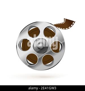 Bobina per pellicola lucida e realistica e icona del nastro da cinema intrecciato attivata sfondo bianco Illustrazione Vettoriale