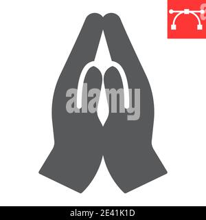 L'icona glifo delle mani di preghiera, la religione e la namaste, le mani piegate nell'icona del vettore di preghiera, la grafica vettoriale, il segno solido del tratto modificabile, eps 10. Illustrazione Vettoriale